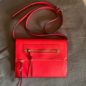 Red Fashion Crossbody Envelop Purse with Gold details.